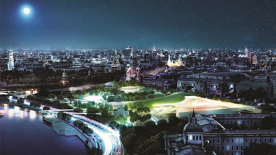 Ночная панорама будущего парка &laquo;Зарядье&raquo; по проекту команды во главе с бюро Diller Scofidio + Renfo