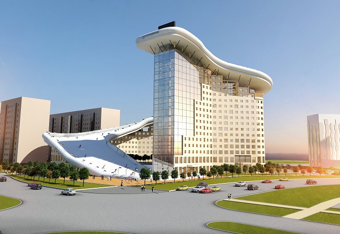 Концепт жилого комплекса с горнолыжным спуском на крыше от казахского архитектора Шохана Матайбекова.