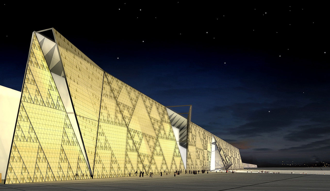 The site for the Grand Egyptian Museum is located at the edge of the first desert plateau between the pyramids and Cairo. Courtesy of Heneghan Peng Architects.