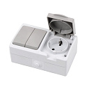 Выключатель двухклавишный + Розетка одинарная Lezard IP54, белая